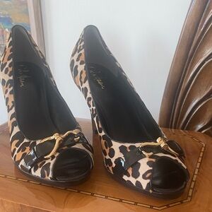 Cole Haan Leopard Print Peep-Toe Pumps with Black Trim and Gold Accent